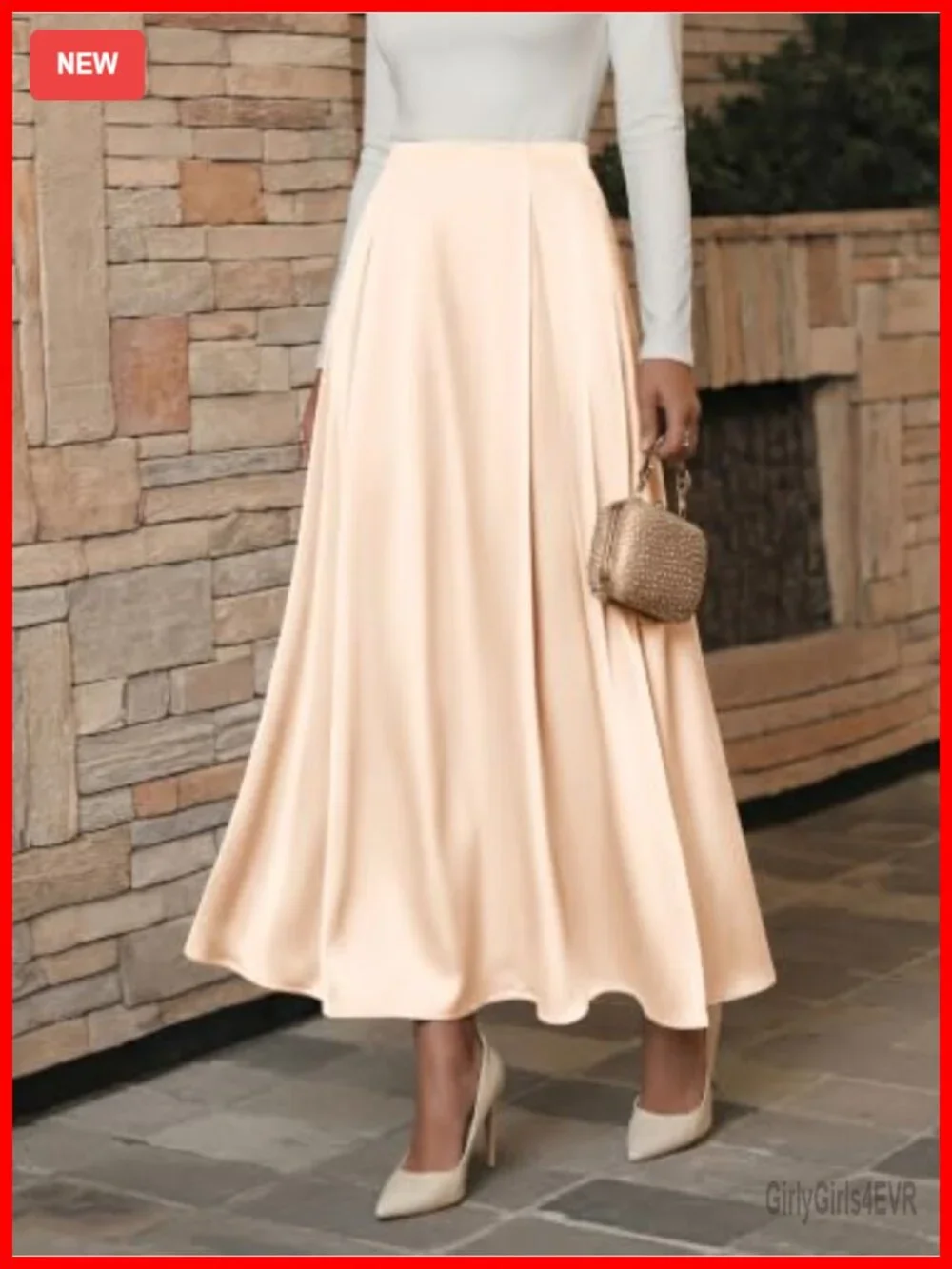 Satin Maxi Skirt High Waisted A-Line Pleated Hem
